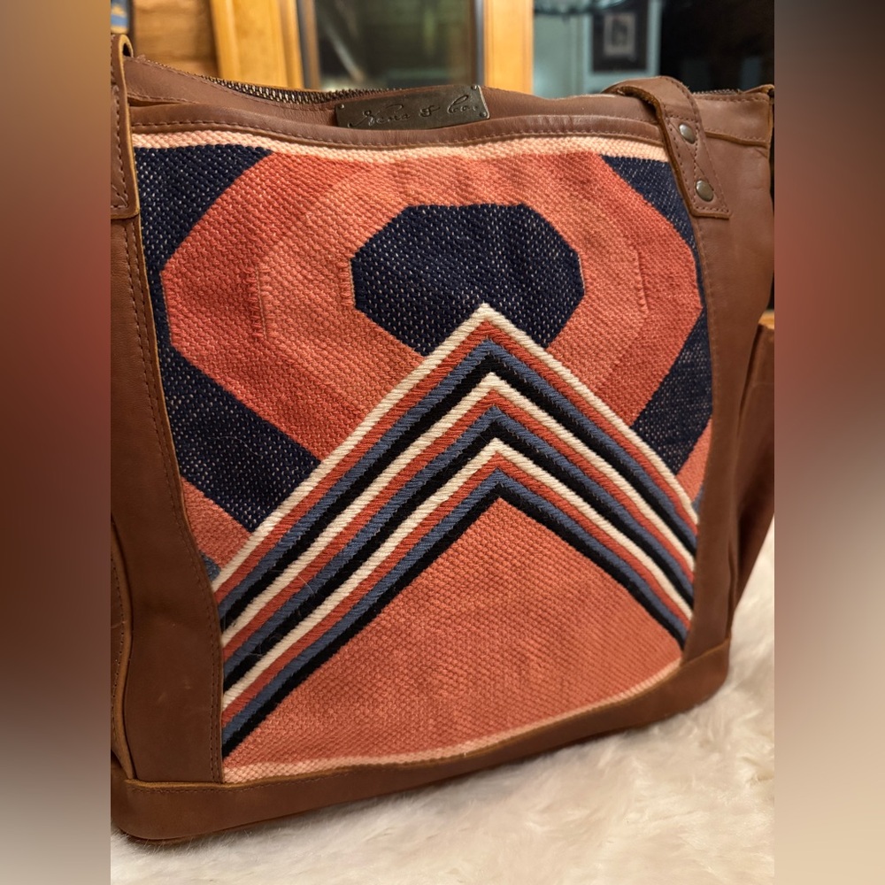 Nena & Co. Medium TPB Cafe Leather and gorgeous  Mountain & Sun huipil. - Picture 2 of 8